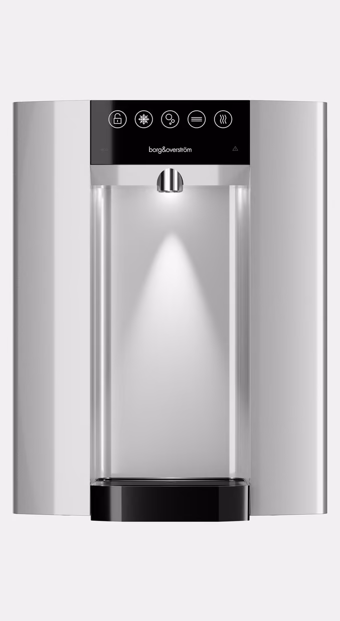 Borg & Overström E6 water dispenser in silver, front view