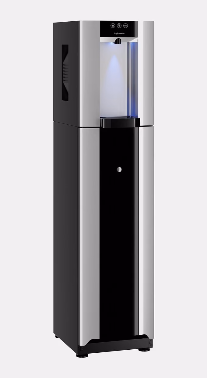 Borg & Overström E4 floor-standing water dispenser in silver, angled view