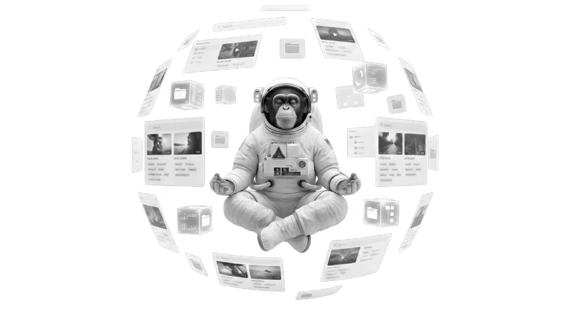 A chimpanzee in an astronaut suit floating in space and using a tablet, with icons labeled Find, Transfer, Secure, Review, and Access around it.