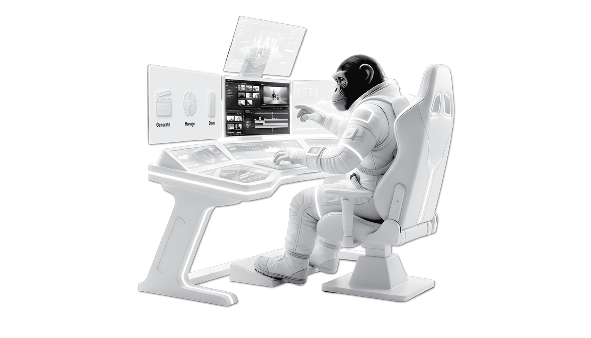 Smiling chimpanzee wearing a white astronaut suit and helmet, raising its right index finger.