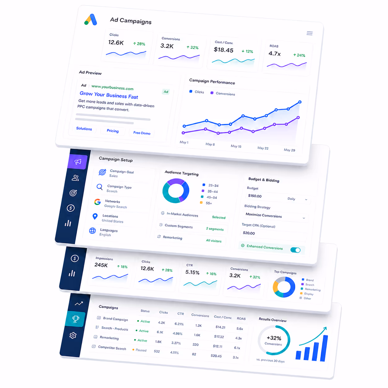Multiple client website screenshots cascading down