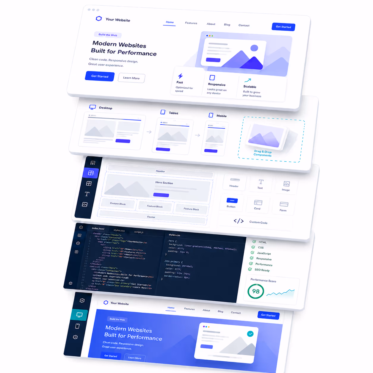 Multiple client website screenshots cascading down