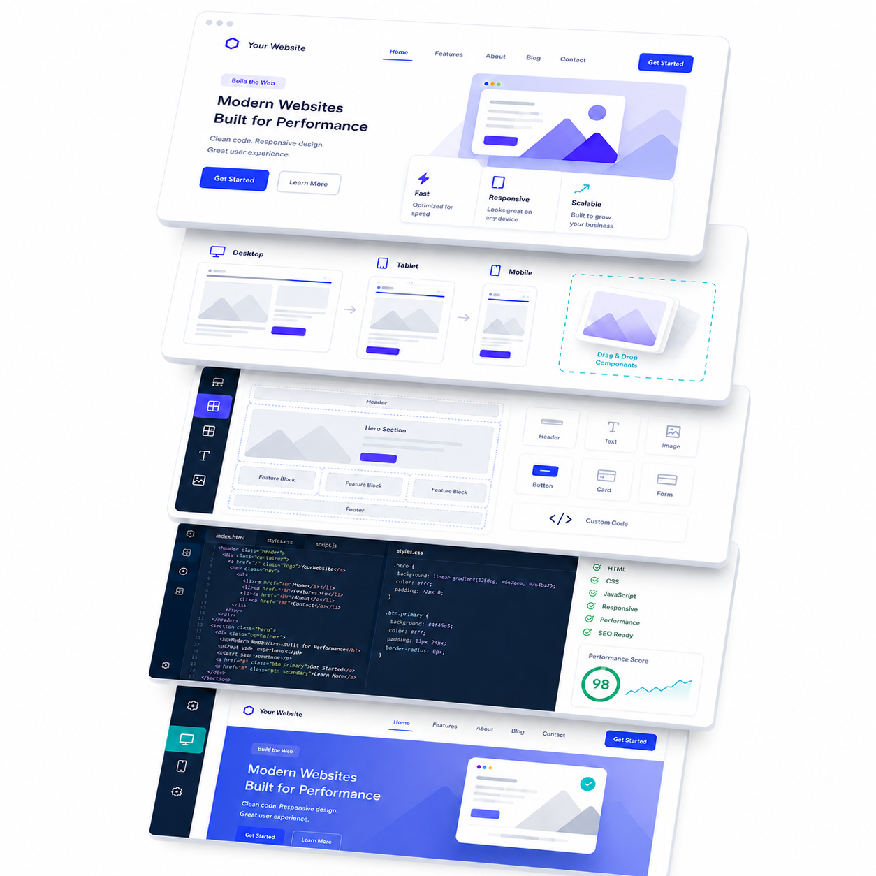 Multiple client website screenshots cascading down
