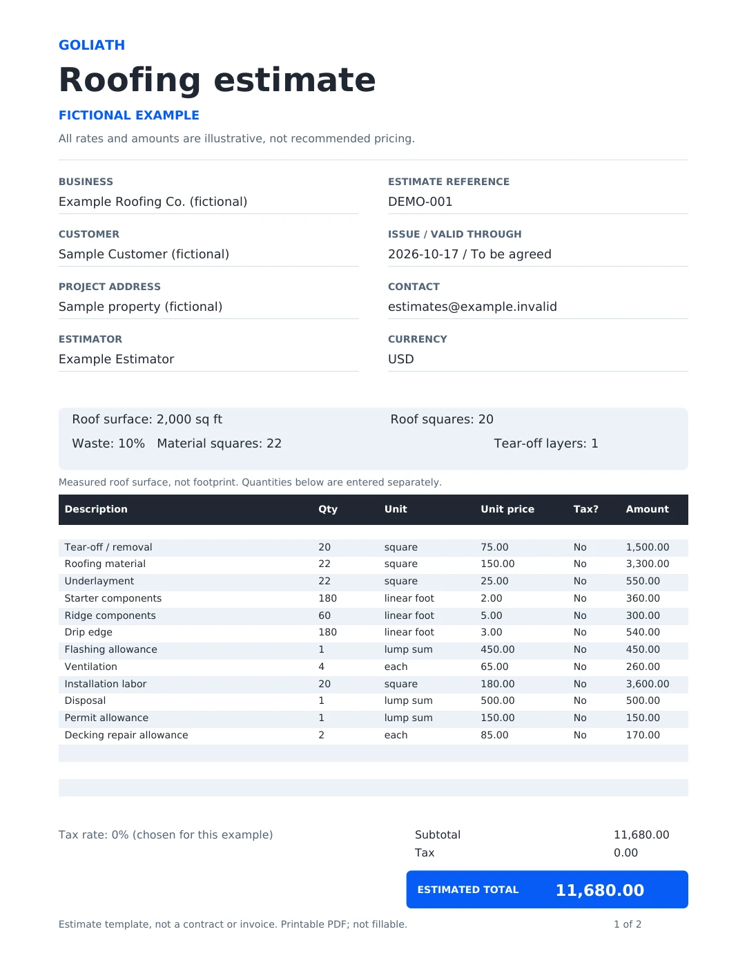 Actual completed roofing estimate PDF: fictional DEMO-001, 2,000 square feet and USD 11,680 total