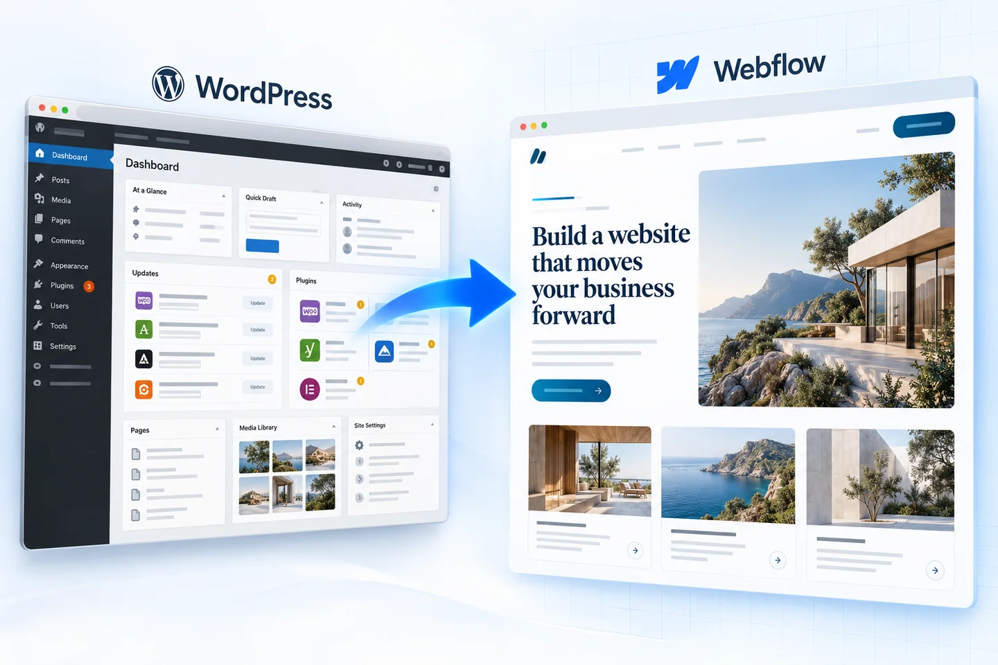 Conceptual illustration of a crowded WordPress dashboard moving through a blue arrow to a clean Webflow website.