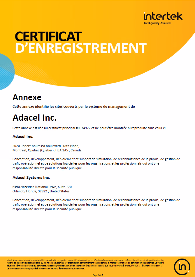 ISO 9001:2015 Adacel certificat-Orlando