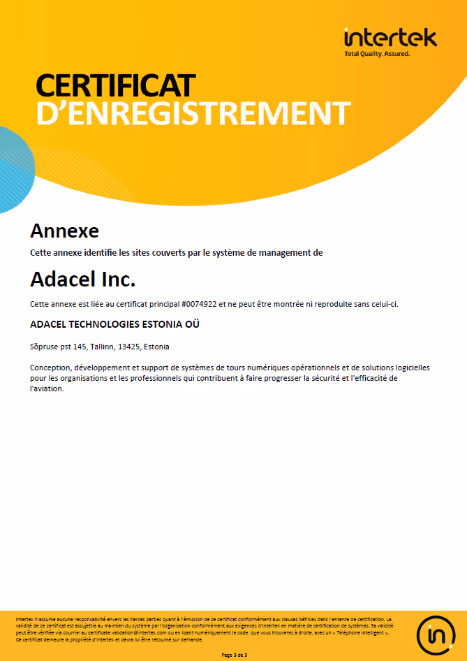 ISO 9001:2015 Adacel certificate