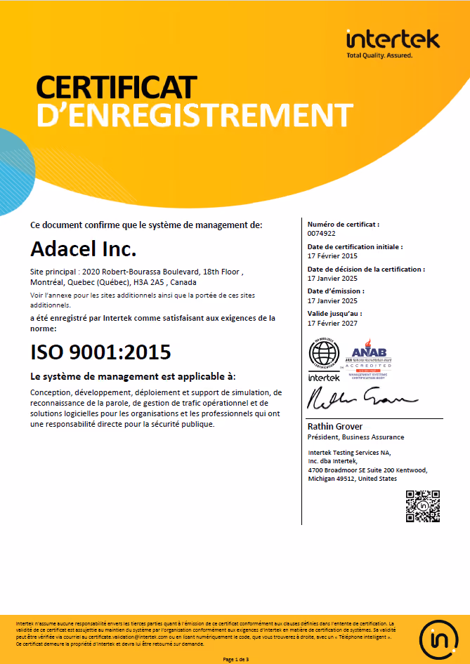 ISO 9001:2015 Adacel certificate