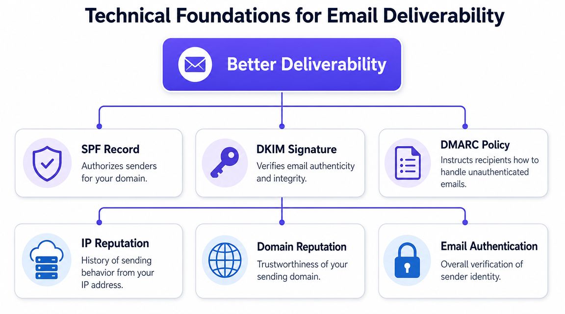 A diagram illustrating the technical foundations for email deliverability including SPF, DKIM, DMARC, and reputation metrics.