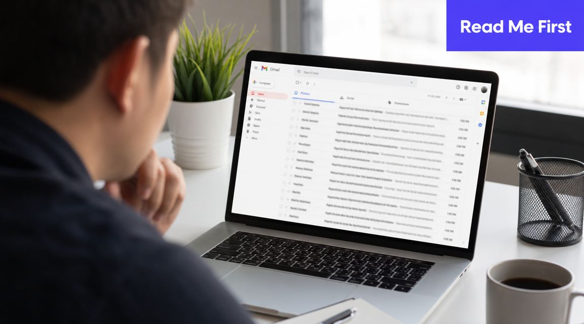 A person viewing an email inbox on a laptop screen while working at a clean desk.