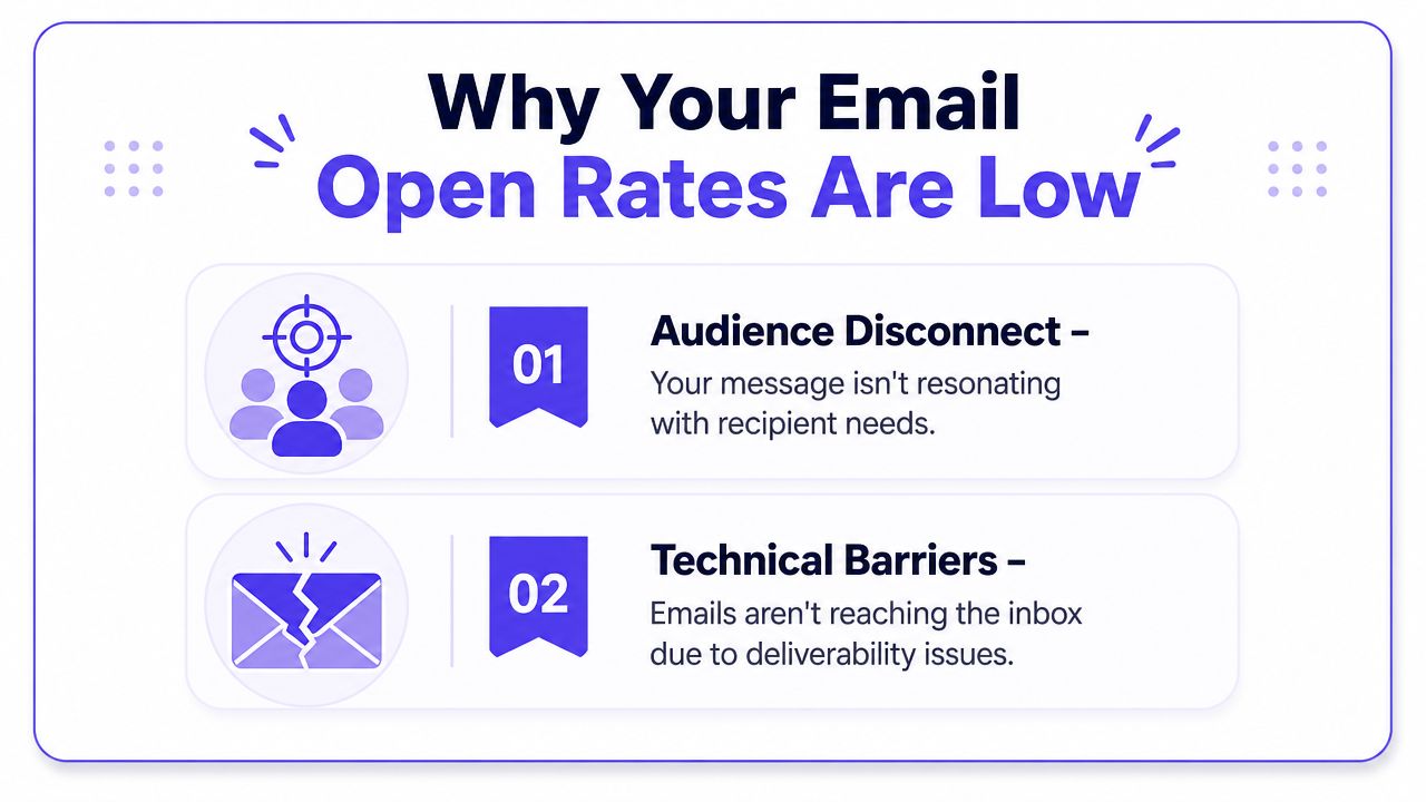 An infographic titled Why Your Email Open Rates Are Low, highlighting audience disconnect and technical barriers.