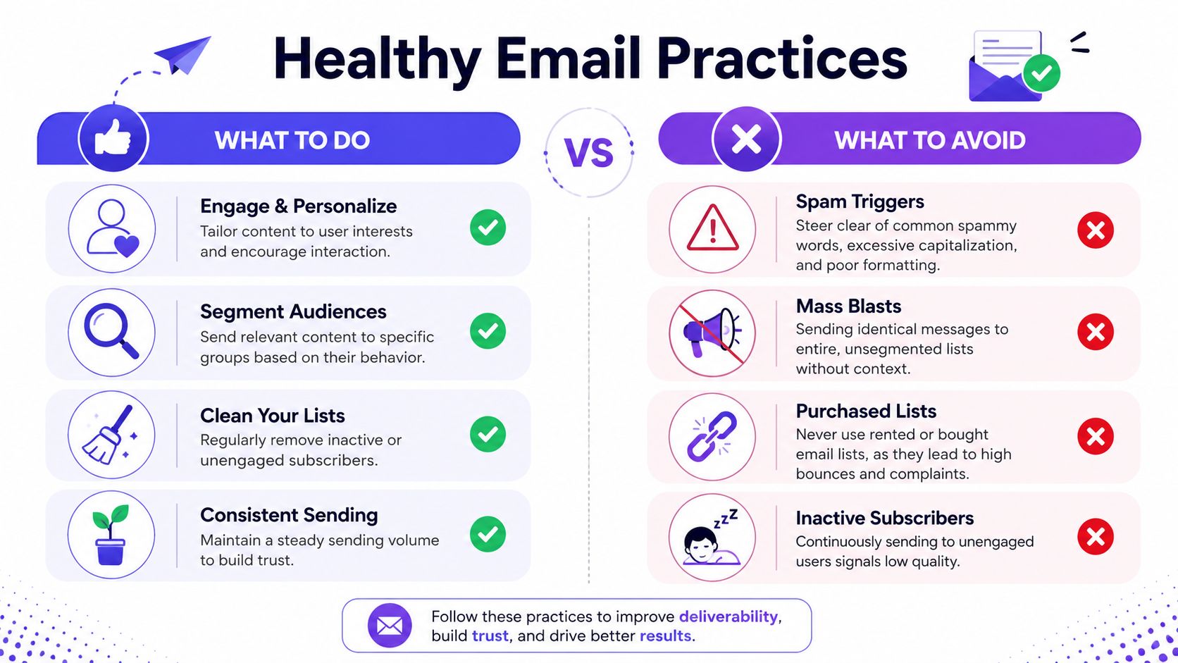 An infographic titled Healthy Email Practices comparing recommended strategies for email marketing versus common practices to avoid.