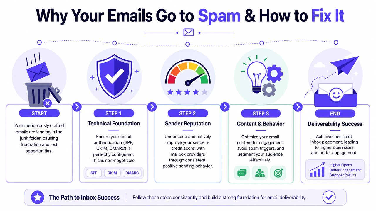 A five-step infographic showing how to fix email deliverability to stop emails going to spam folders.
