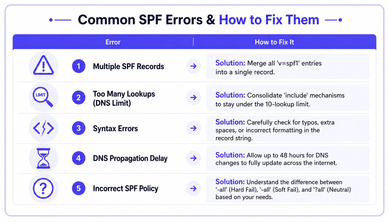 A table outlining five common SPF record errors and their corresponding solutions to improve email deliverability.