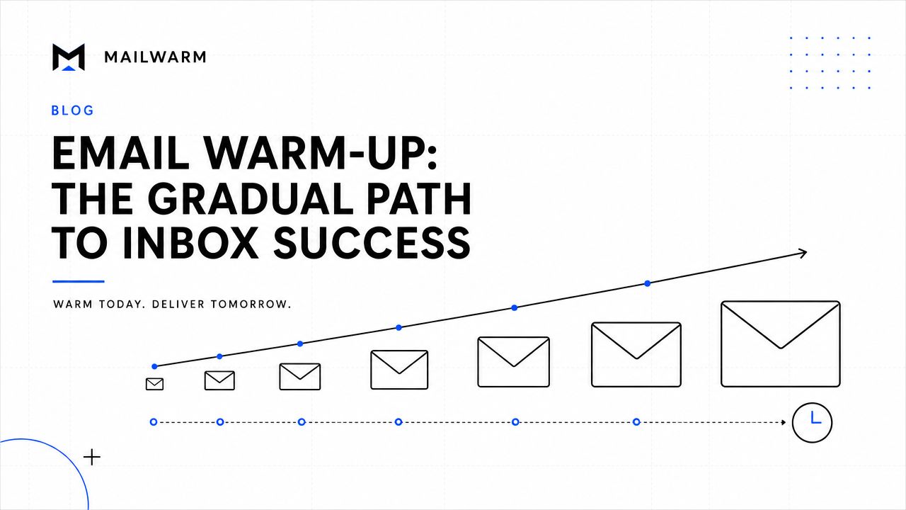 A conceptual graphic illustrating the email warm-up process with growing envelopes along an upward trend line.