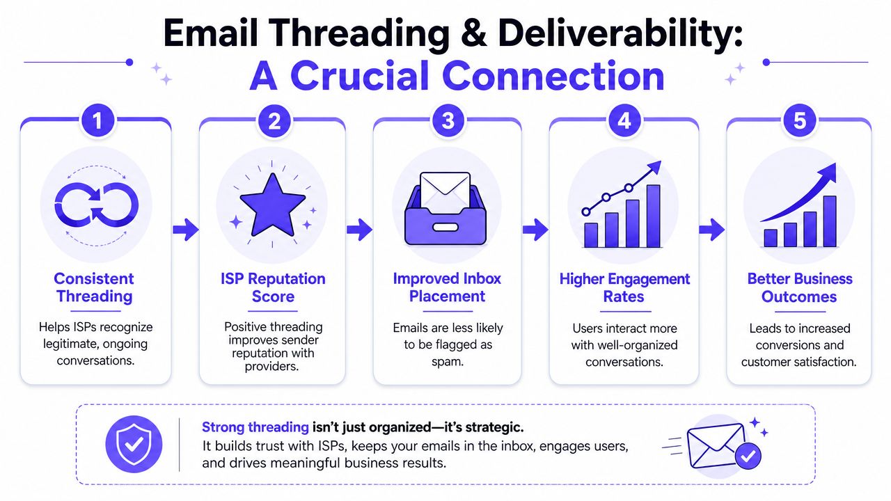 A five-step infographic showing how consistent email threading improves deliverability and business outcomes for email marketing.