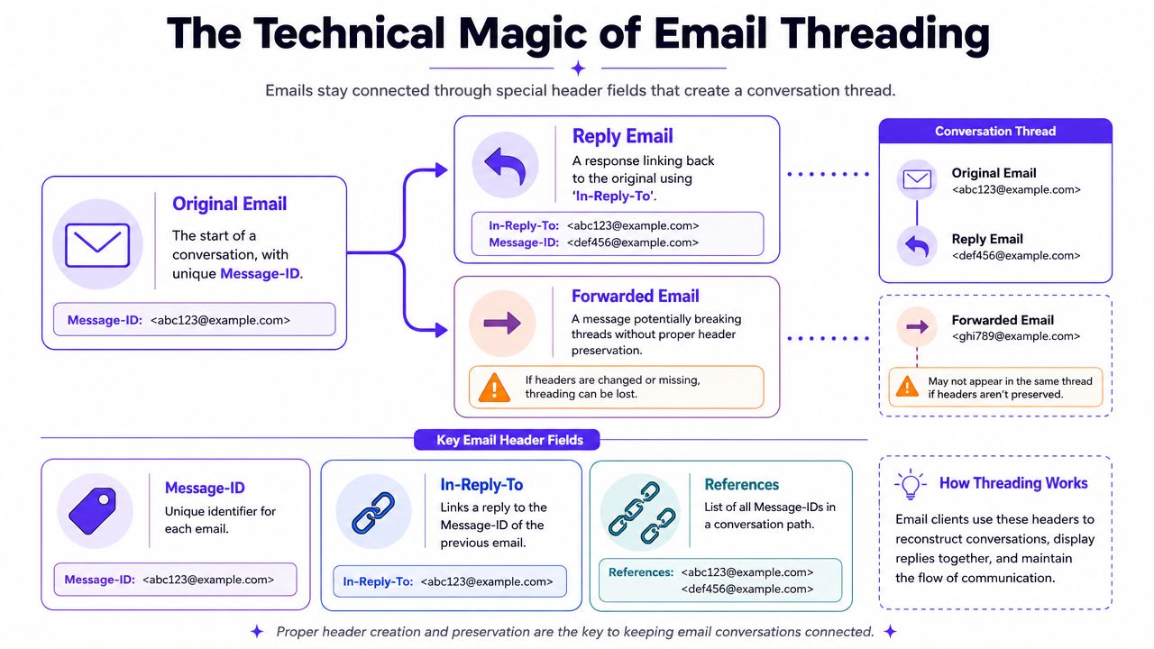 A diagram explaining email threading technical concepts including message IDs, replies, and forwarded header preservation.