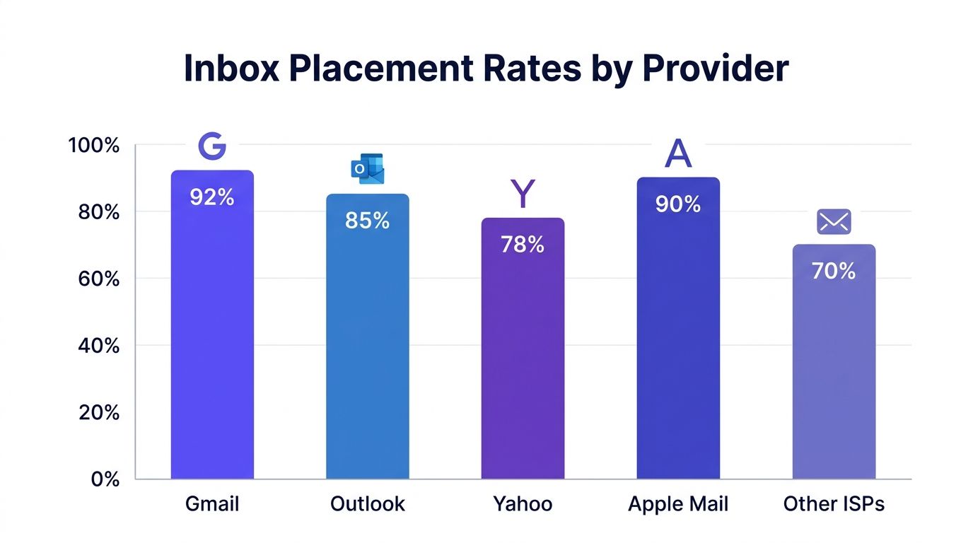 A bar chart showing inbox placement rates by email provider including Gmail, Outlook, Yahoo, Apple Mail, and others.