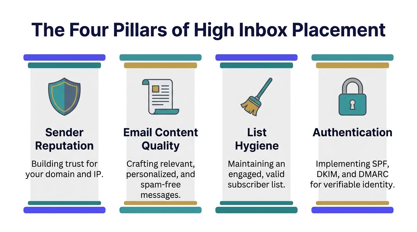 An infographic showing the four essential pillars for achieving a high email inbox placement rate.