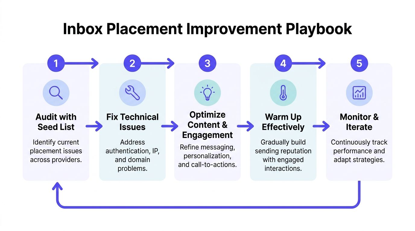 A flowchart infographic outlining a five-step playbook for improving email inbox placement rates and deliverability.