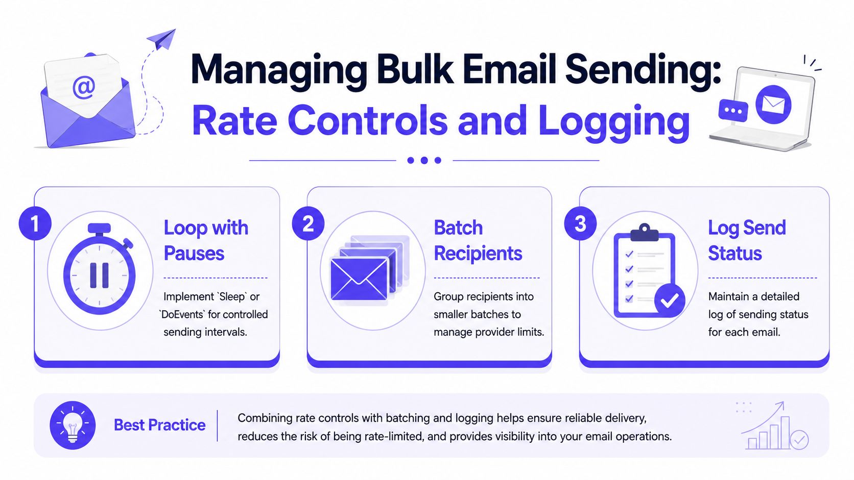 A visual guide explaining how to manage bulk email sending using rate controls, batching, and status logging.