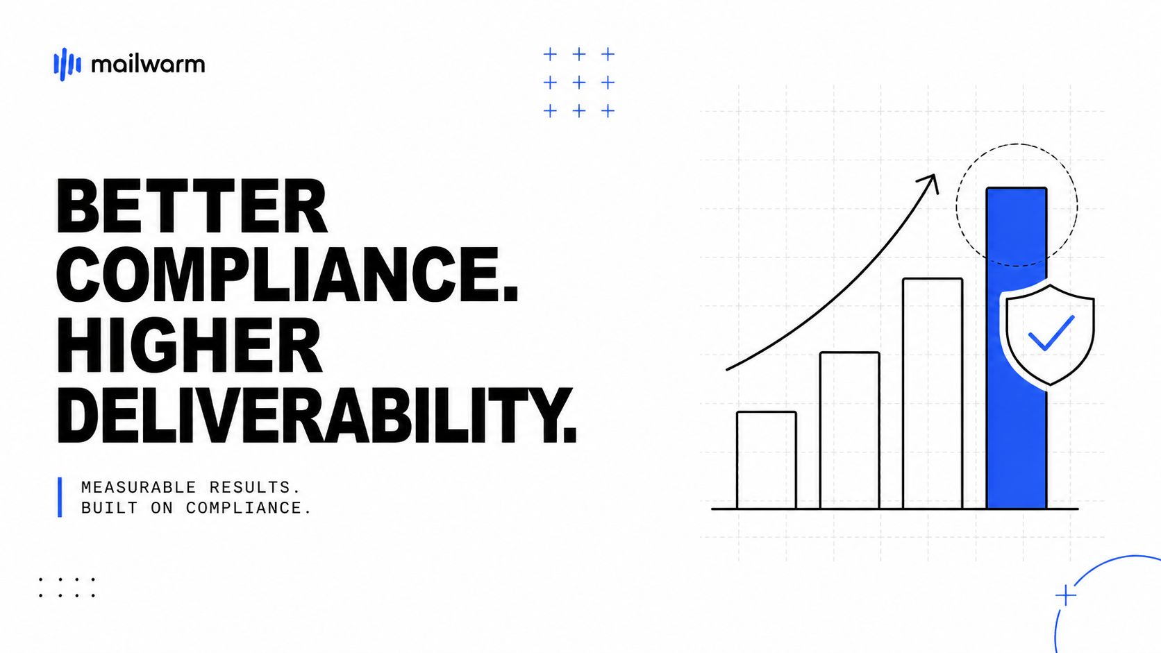 A marketing graphic for Mailwarm showing a bar chart with increasing height and a security shield icon.
