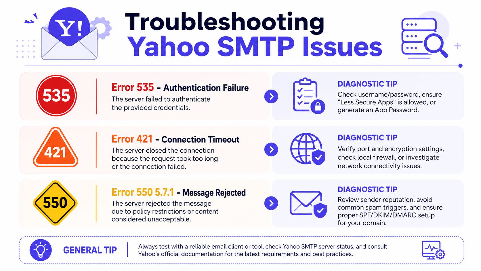 An infographic titled Troubleshooting Yahoo SMTP Issues explaining common error codes and providing diagnostic tips for email servers.