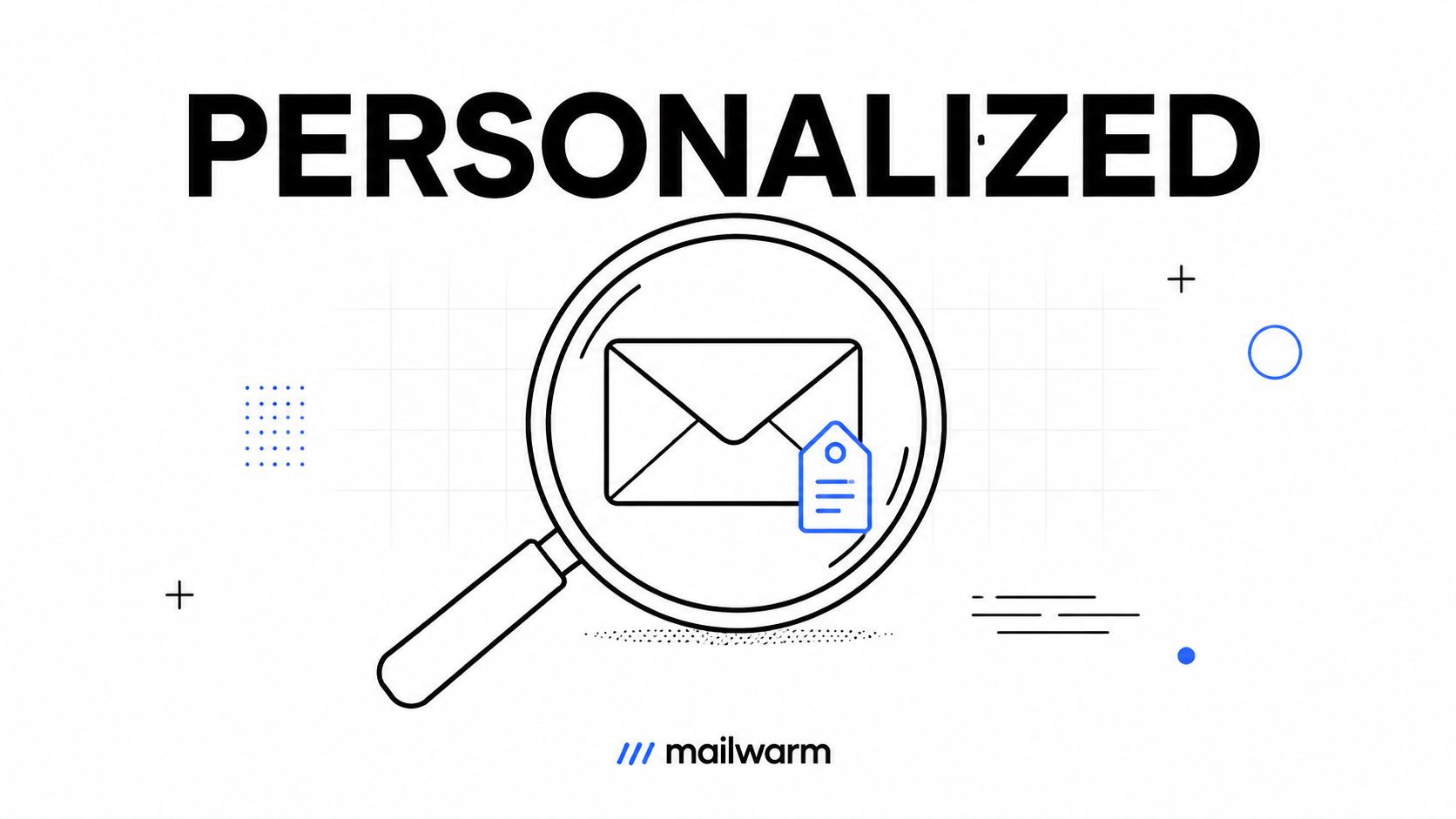 A magnifying glass focusing on an email icon with a blue tag, symbolizing personalized email marketing strategies.