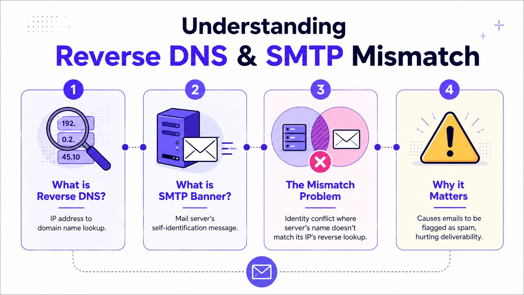 A four-step infographic explaining how reverse DNS and SMTP banner mismatches affect email deliverability.