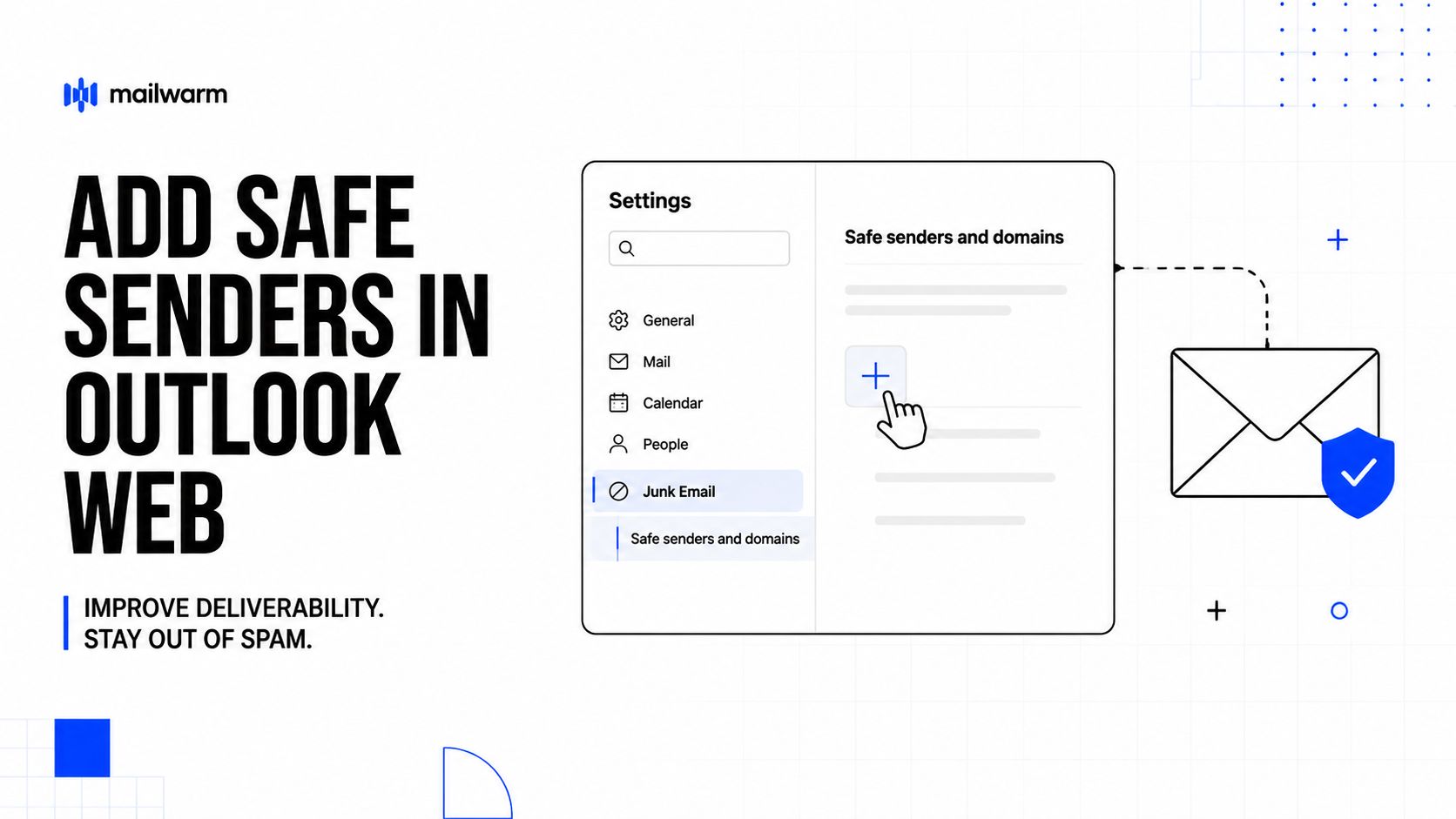 A tutorial graphic showing how to add safe senders and domains in Microsoft Outlook Web settings.