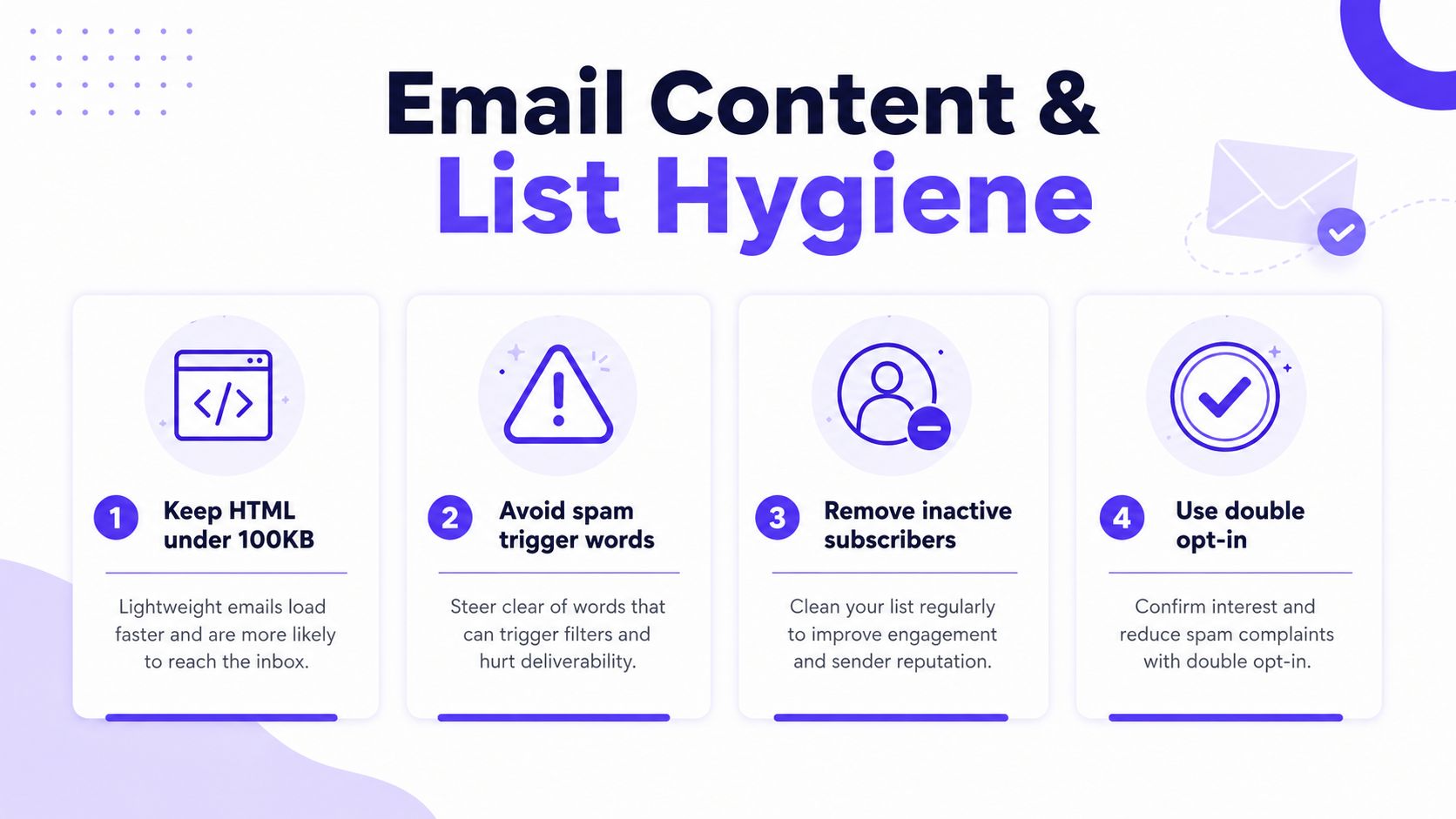 An infographic titled Email Content and List Hygiene listing four steps to improve email deliverability and engagement.
