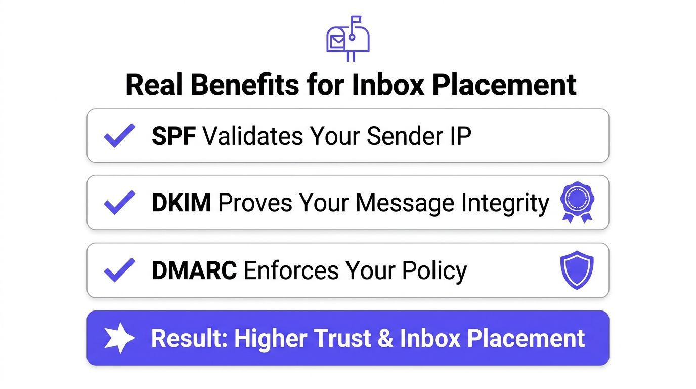 A diagram outlining the benefits of domain authentication through SPF, DKIM, and DMARC for better email delivery.
