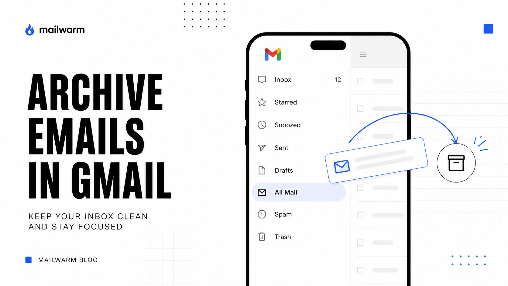 A conceptual graphic illustrating how to archive Gmail messages on a smartphone to maintain a clean inbox.