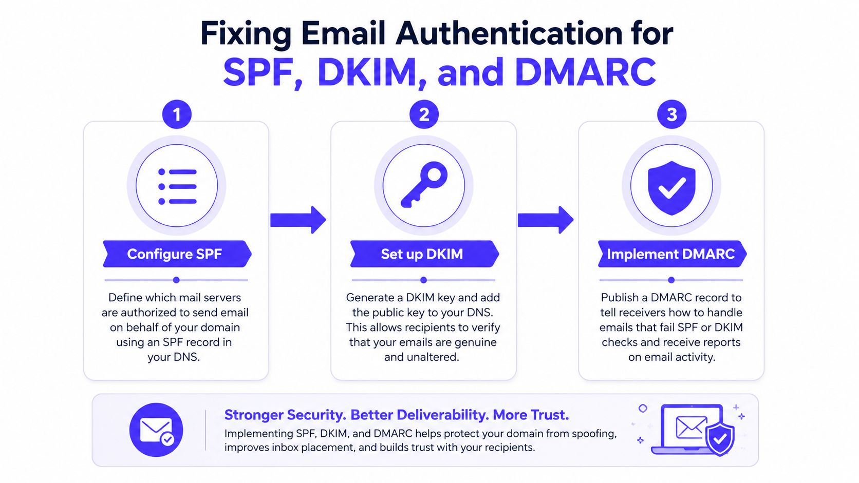 A three-step infographic showing how to configure SPF, set up DKIM, and implement DMARC for email authentication.