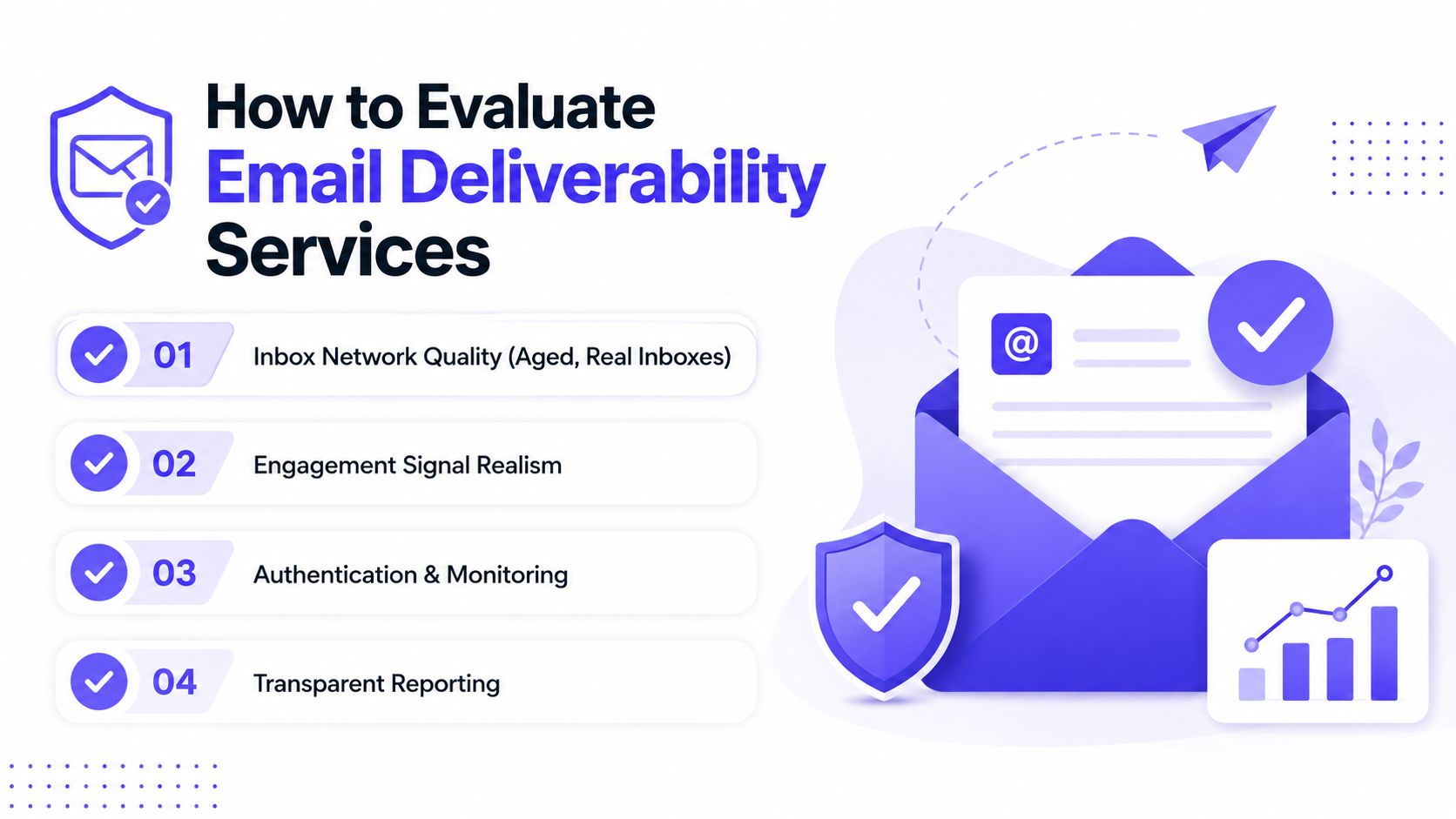 An infographic titled How to Evaluate Email Deliverability Services listing four key assessment criteria with checkmark icons.