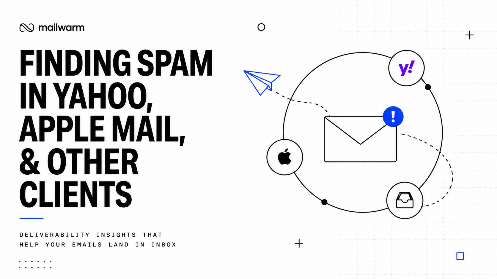 A graphic illustration for Mailwarm about locating spam folders in email platforms like Yahoo and Apple Mail.