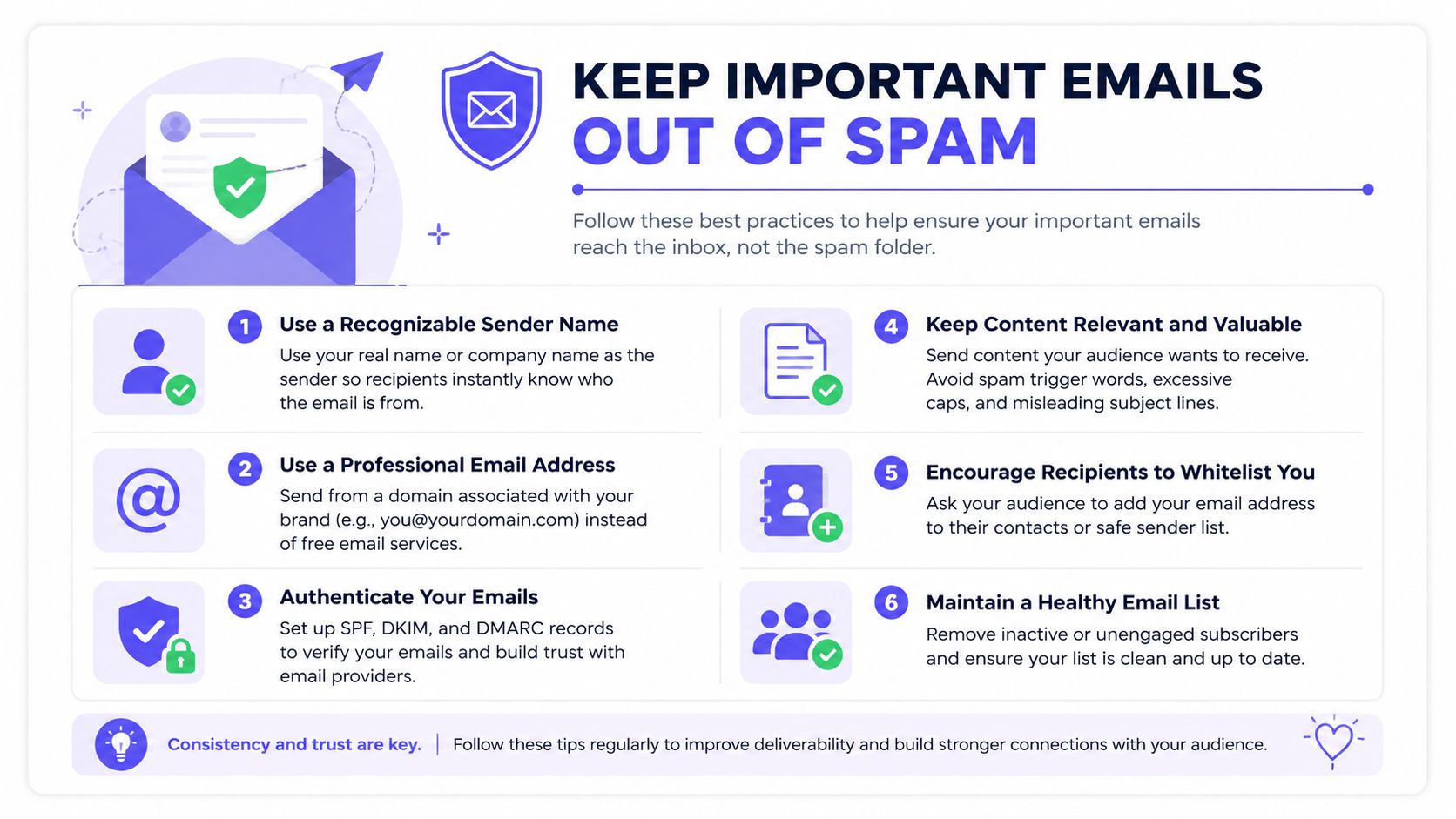 An infographic titled Keep Important Emails Out Of Spam, outlining six best practices for email deliverability.
