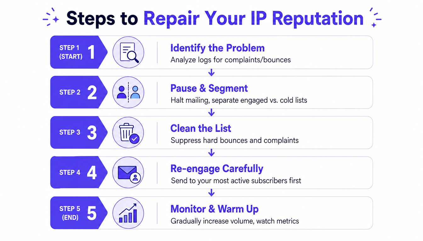 A five-step infographic guide explaining how to repair your IP reputation for email marketing success.