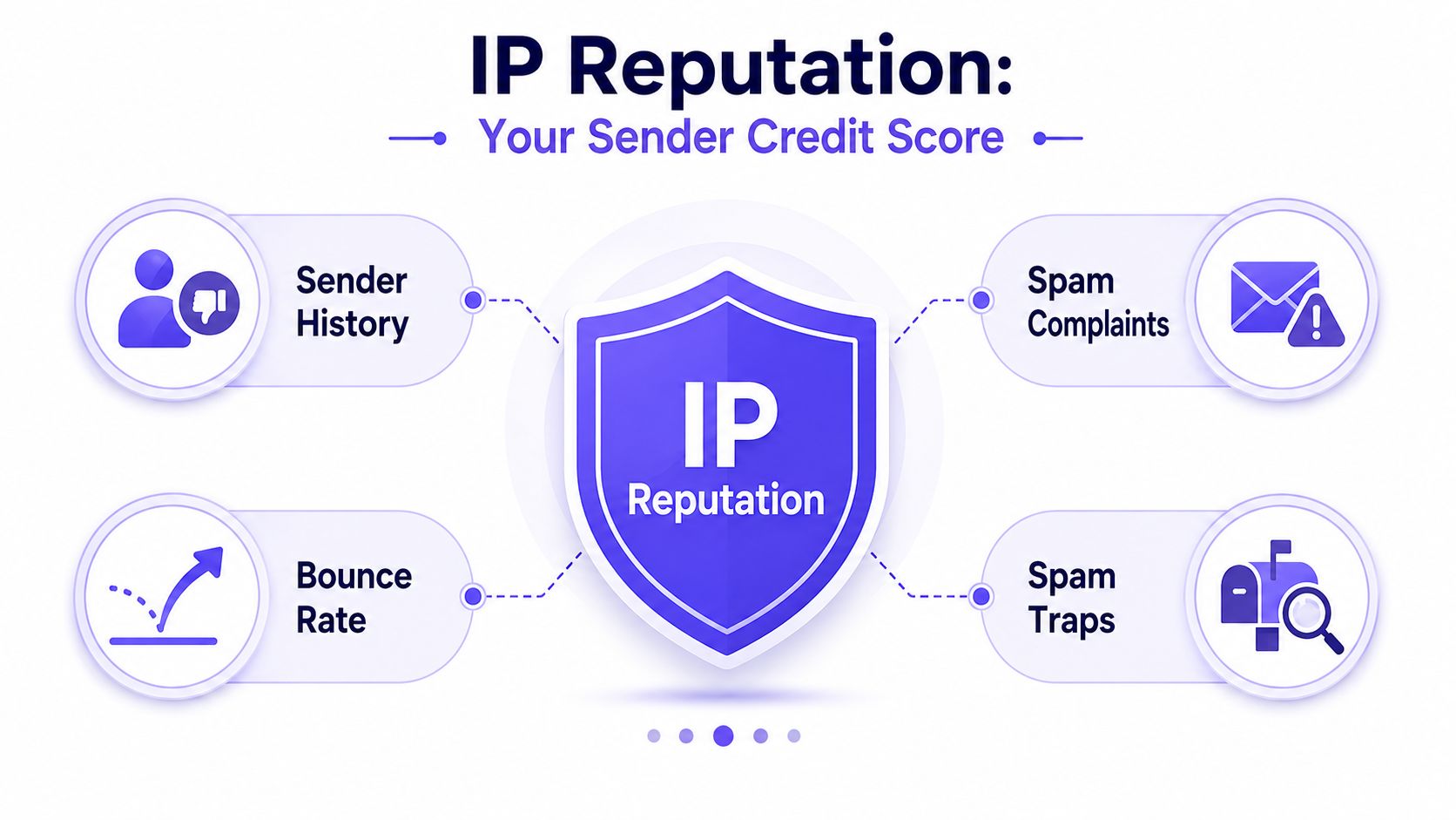 A diagram illustrating the four key factors influencing IP reputation: sender history, bounce rate, spam complaints, and traps.