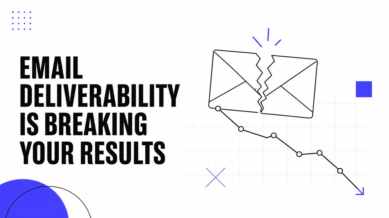 Editorial-style illustration of a broken email envelope connected to a downward trending line graph, clean modern compos