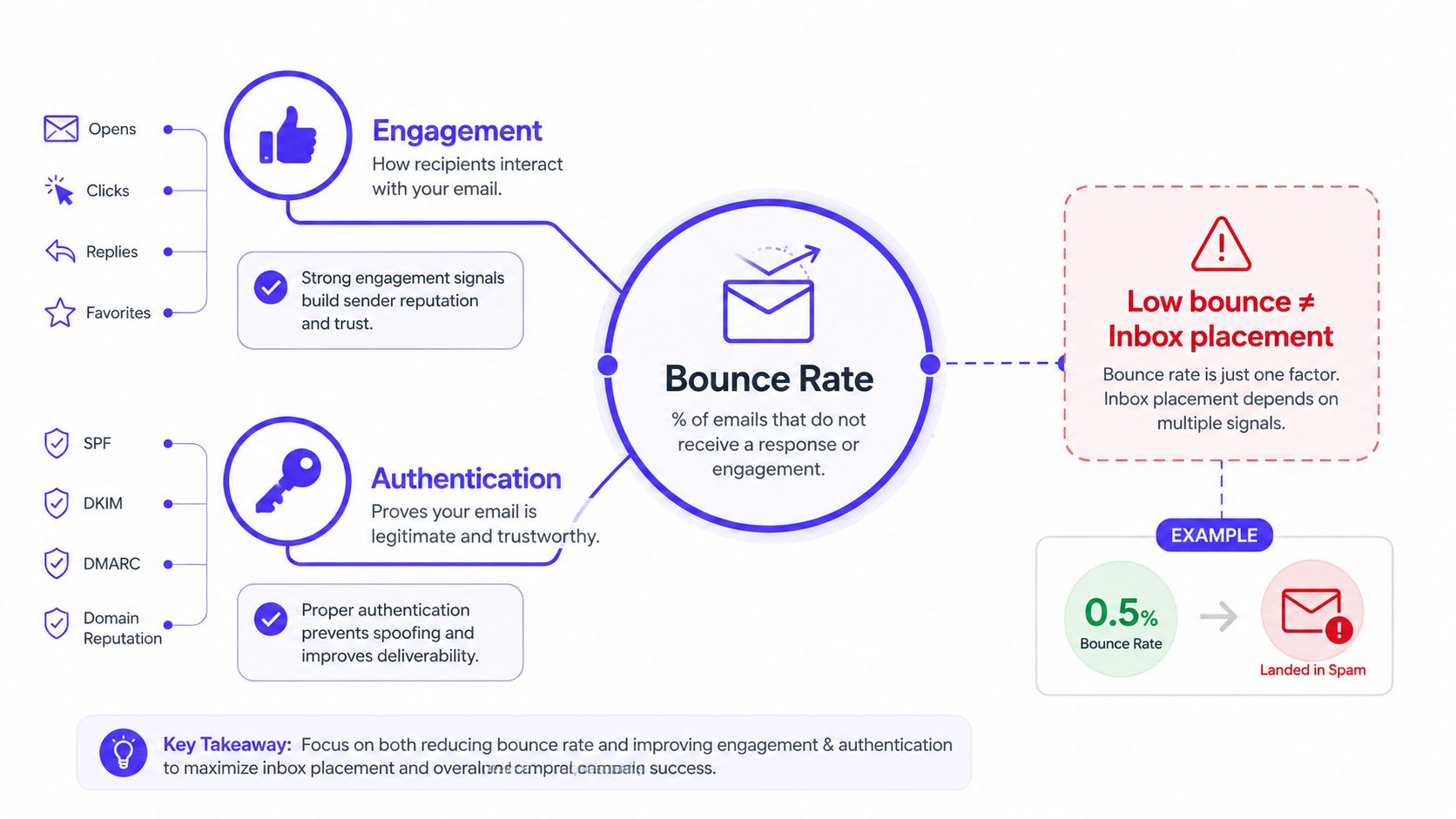 A diagram explaining that email bounce rate is just one factor impacting inbox placement and email deliverability.