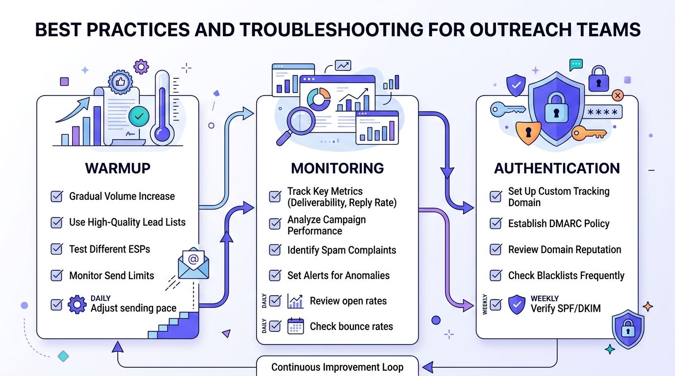A diagram illustrating best practices for outreach teams, including warm-up, monitoring, and authentication processes for email deliverability.