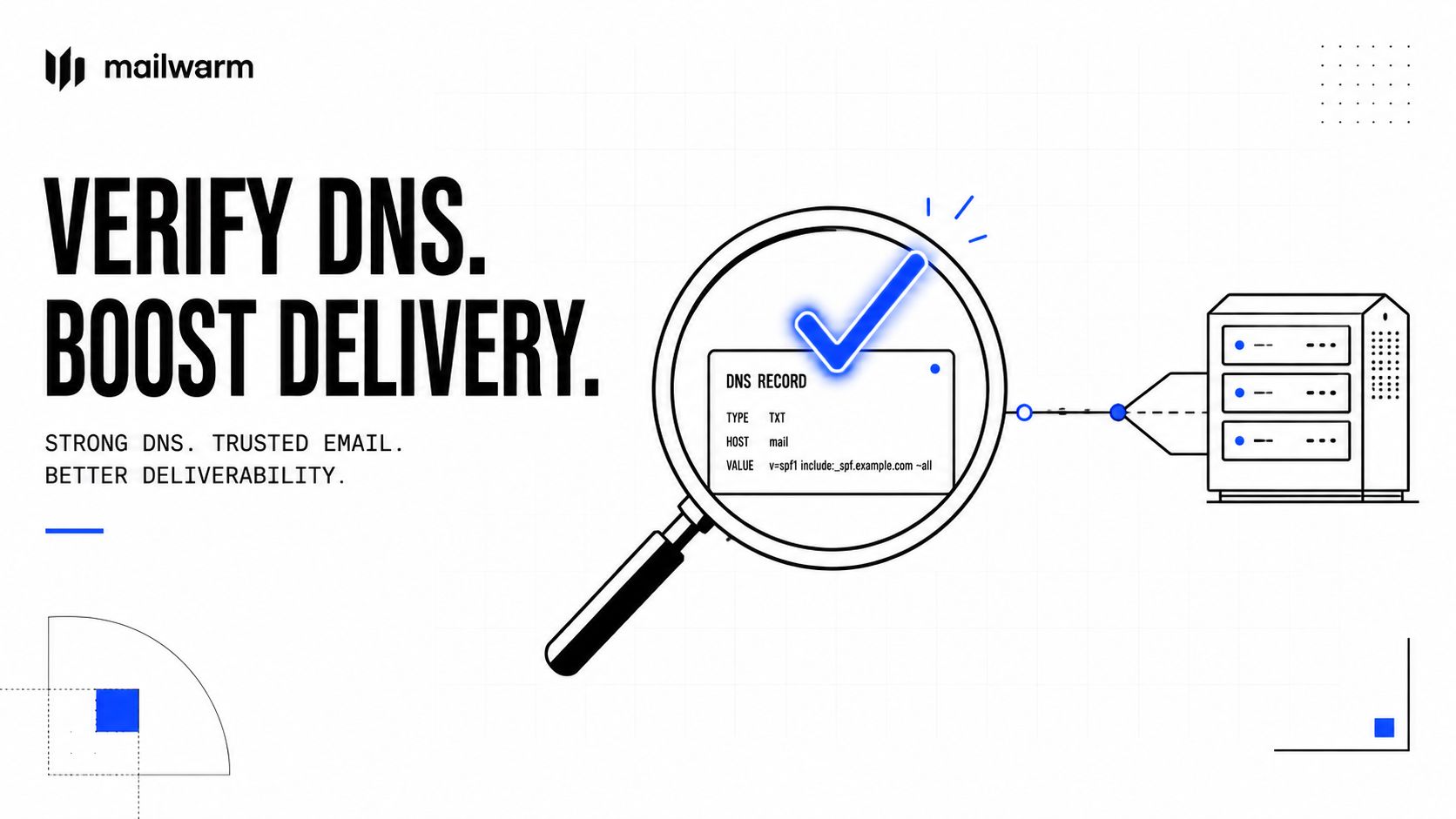 A magnifying glass inspecting a DNS TXT record for email authentication to improve deliverability and trust.