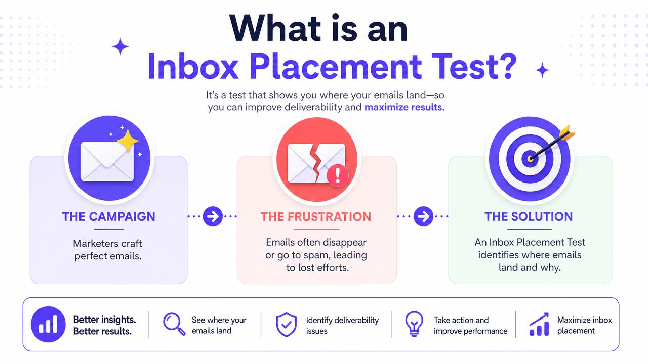 A diagram explaining the inbox placement test process for marketers to improve email deliverability and performance.
