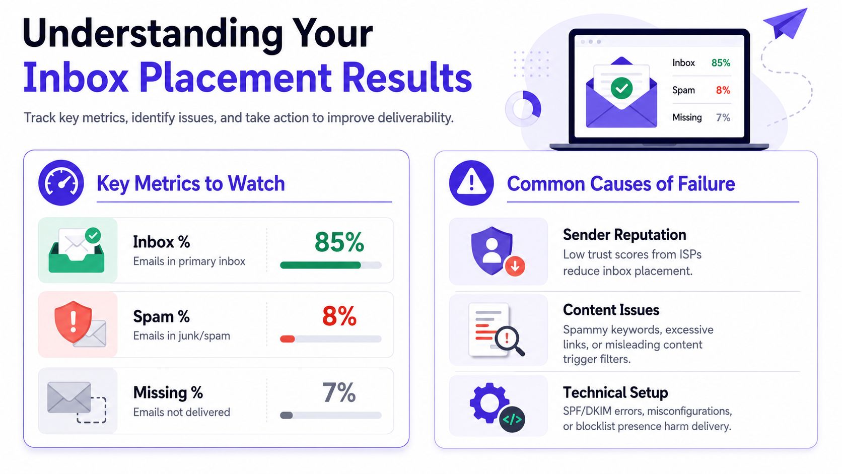 An infographic illustrating email deliverability metrics and common causes for inbox placement failures and delivery issues.