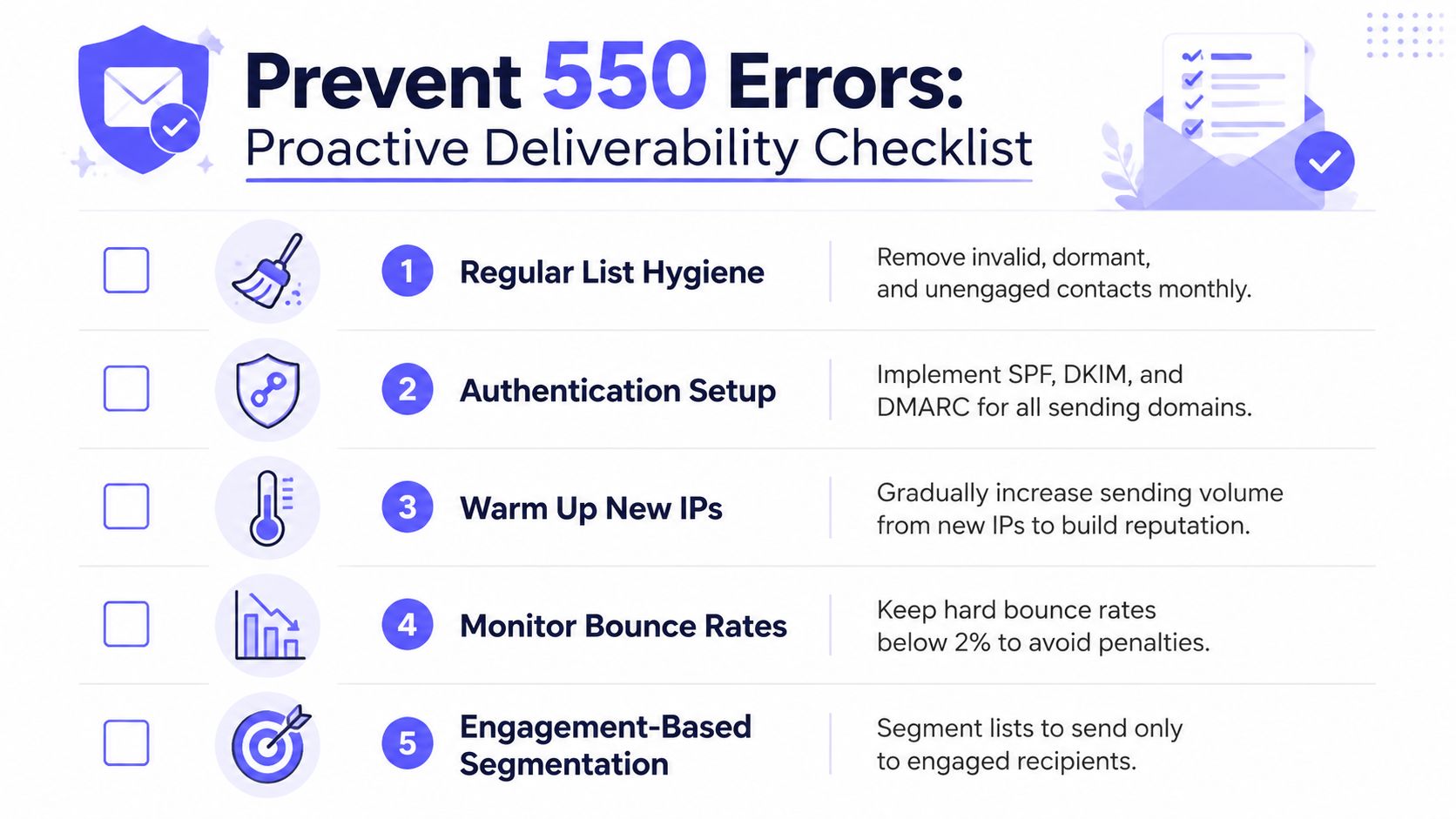 A checklist of five proactive steps to prevent 550 email delivery errors, including list hygiene and authentication.