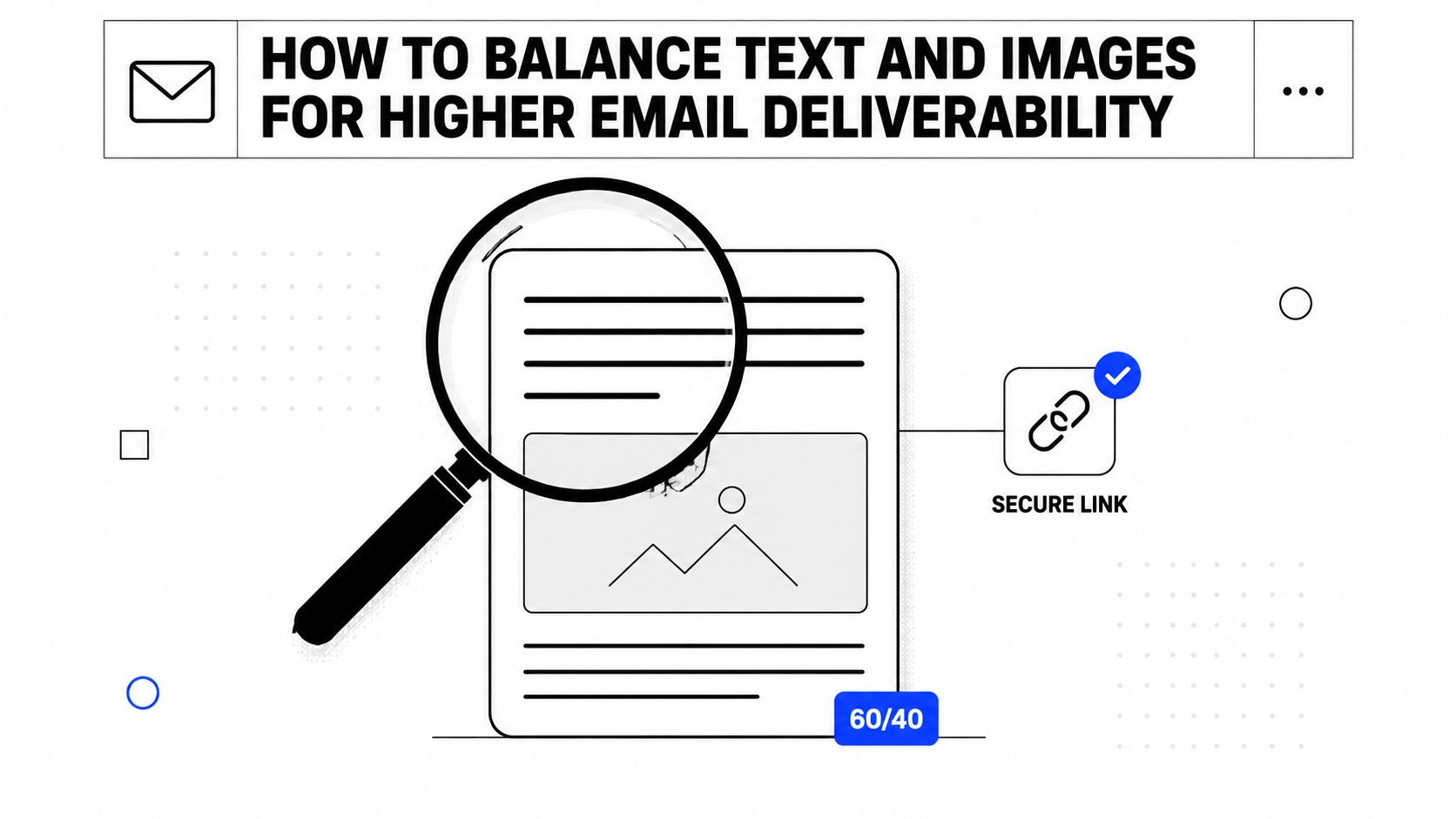 A magnifying glass inspecting an email template, illustrating the ideal 60/40 text to image ratio for deliverability.