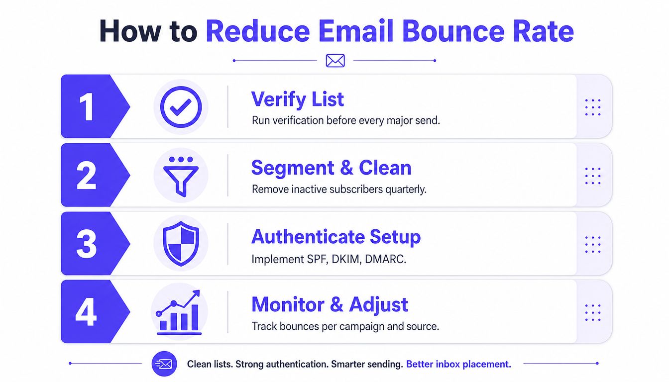 An infographic titled How to Reduce Email Bounce Rate showing four numbered steps for improving email delivery success.