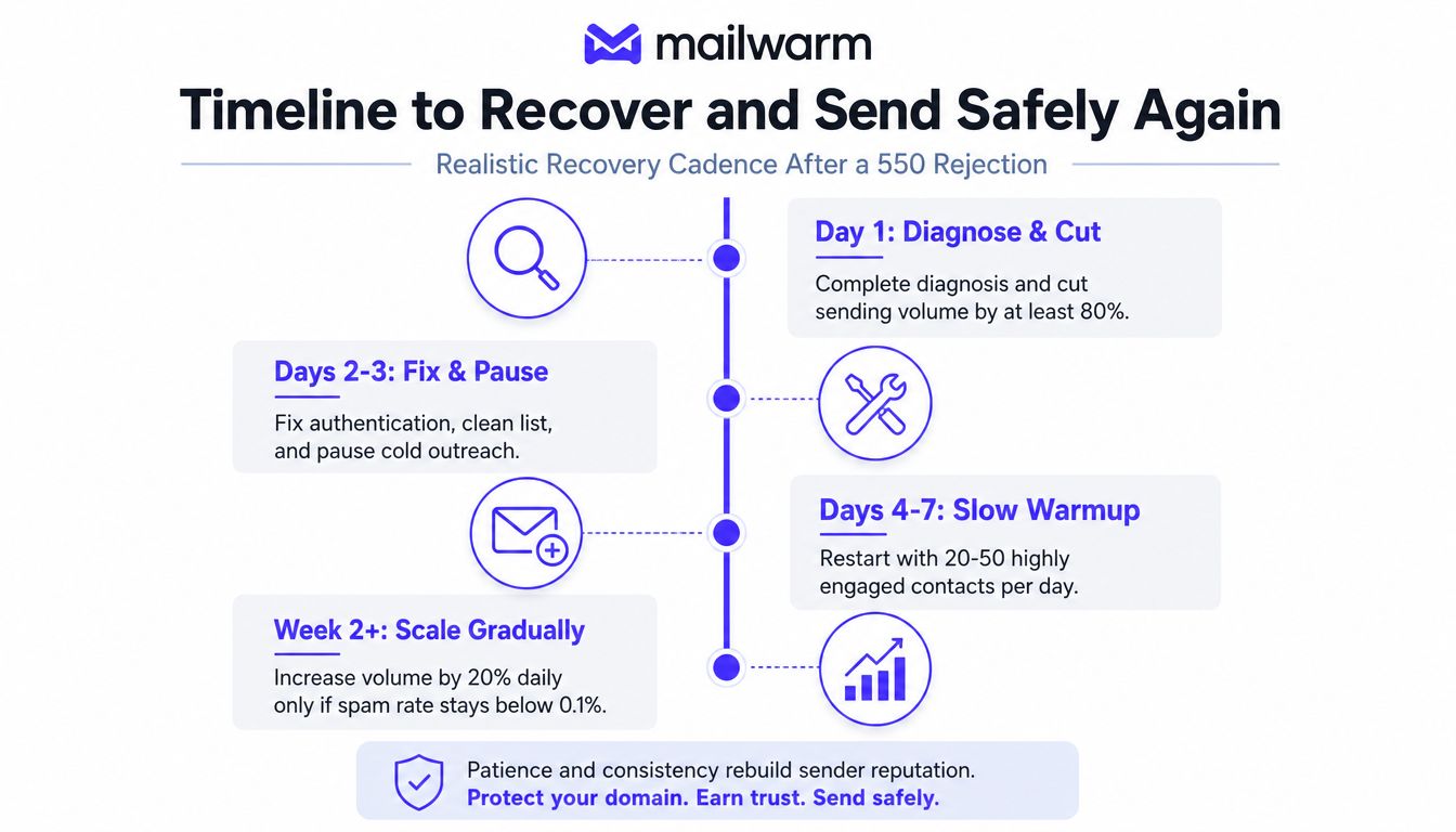 A timeline graphic by Mailwarm showing steps to recover email sender reputation after a 550 rejection error.