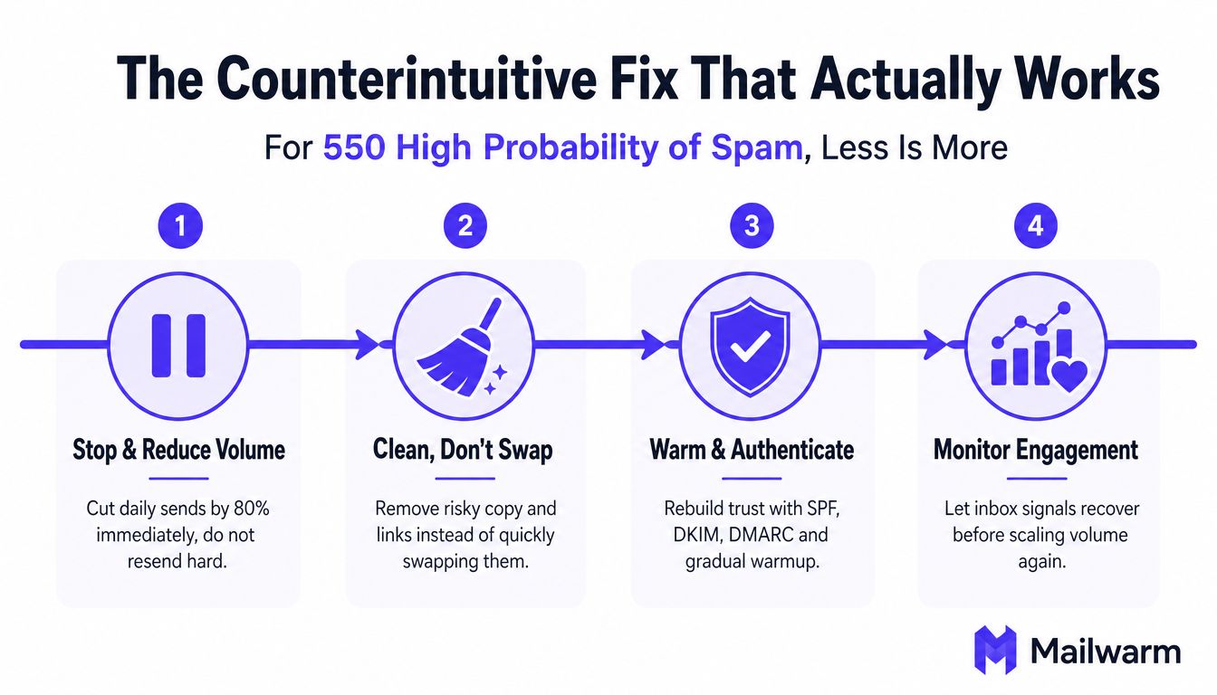 A four-step infographic showing how to fix 550 high probability of spam errors for email marketing.